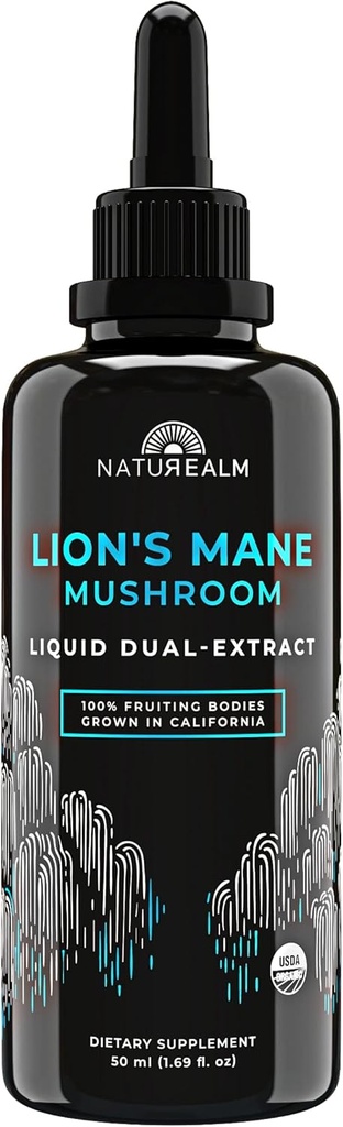 Naturealm Lion’s Mane Mushroom Liquid Tincture Supplement – Focus, Memory & Brain Health, Vegan, Non-GMO – Organic Fruiting Bodies, 1 Month Supply