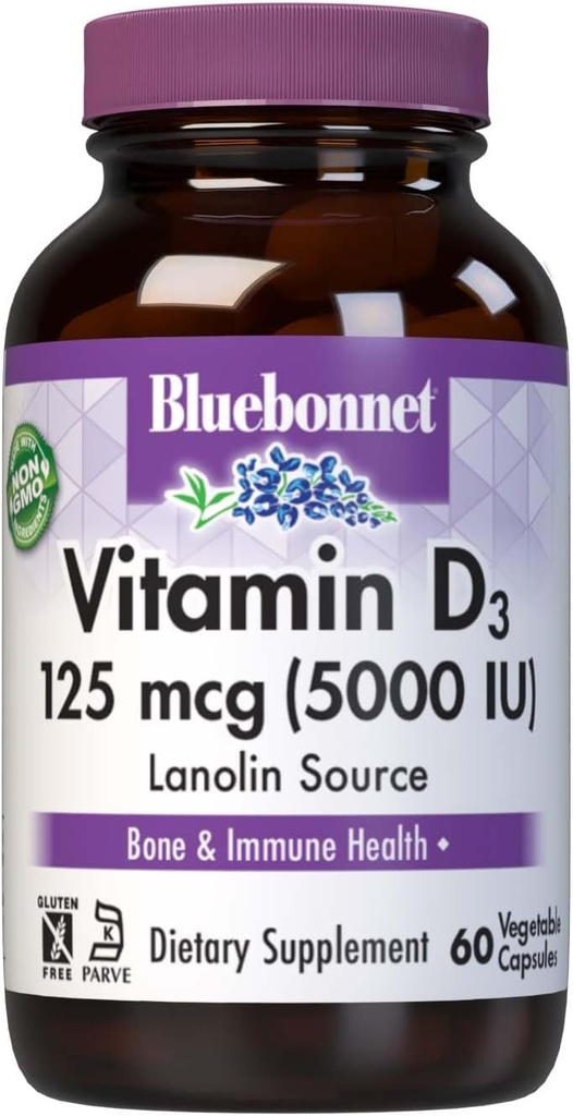 Bluebonnet Nutrition Vitamin D3 5000 UI Vegetable Capsule, Aids in Muscle & Skeletal Growth, Cholecalciferol from Lanolin, D3, Non GMO, Gluten Free, Soy Free, Milk Free, Kosher, 60 Count