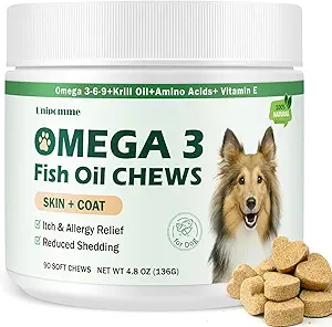 Alivio de la alergia del perro - Omega 3 Fish Oil Skin and Coat Supplement - Dog Itching &amp; Ears Relief - Reducido de la ropa de cama, alergias estacionales de la piel seca picante picante Puntos calientes Tratamiento