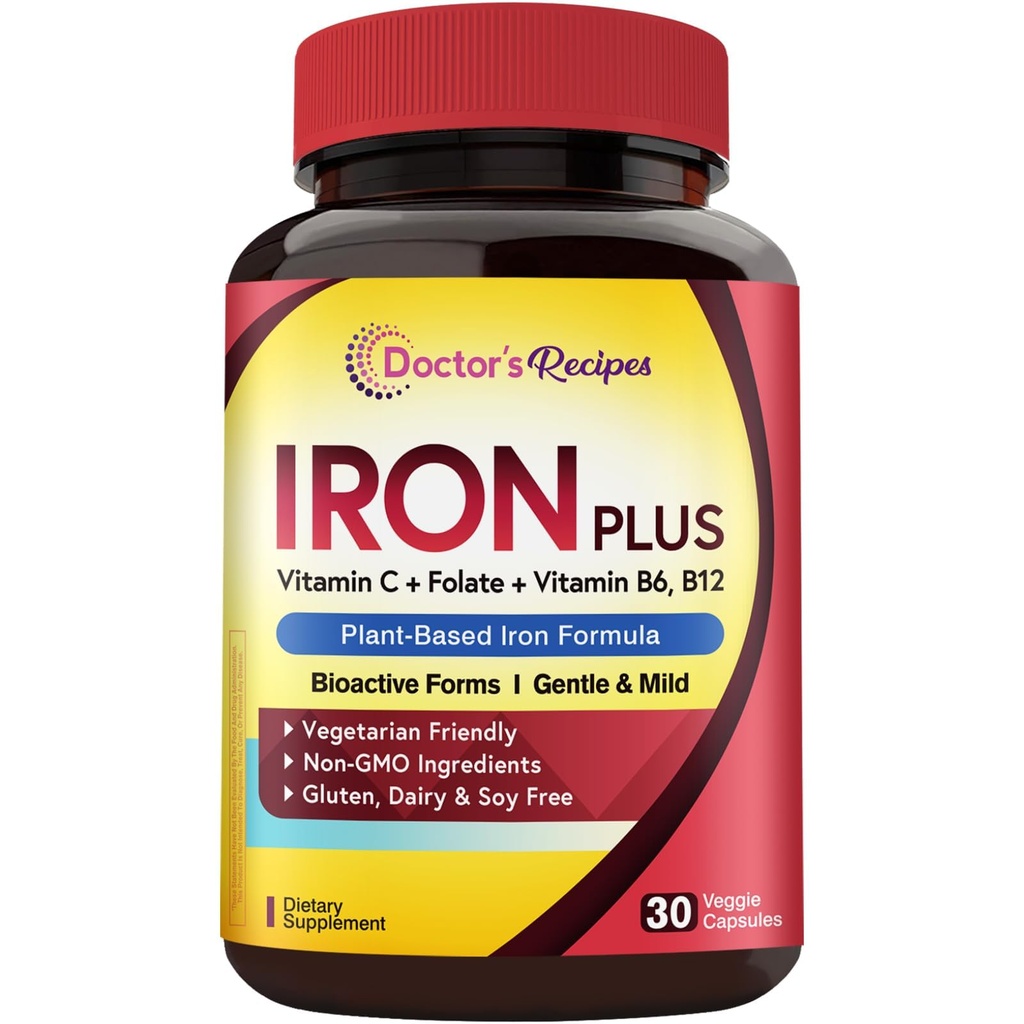 Recetas del médico Suplemento de hierro para mujeres hombres - Gentle Iron Bisglycinate with Vitamin C, B6, Folate " B12 - Non-Constipating " Stomach Friendly Iron Pills for Blood & Energy Support, 30 Vegan Caps