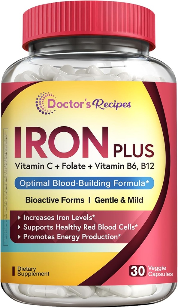 Recetas del médico Suplemento de hierro para mujeres hombres - Gentle Iron Bisglycinate with Vitamin C, B6, Folate " B12 - Non-Constipating " Stomach Friendly Iron Pills for Blood & Energy Support, 30 Vegan Caps