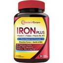 Recetas del médico Suplemento de hierro para mujeres hombres - Gentle Iron Bisglycinate with Vitamin C, B6, Folate " B12 - Non-Constipating " Stomach Friendly Iron Pills for Blood & Energy Support, 30 Vegan Caps
