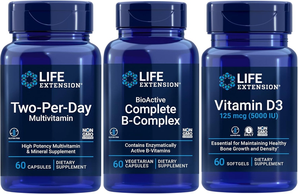 Extensión de vida Multivitamínico de dos por día, 60 cápsulas ← BioActive Complete B-Complex, 60 cápsulas TEN Vitamin D3 125 mcg (5000 UI), 60 softgels ANTE Bone & inmunosalud, energía y metabolismo soporte