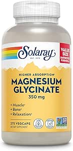 SOLARAY Magnesium Glycinate Capsules, Chelated Magnesium Bisglycinate w/BioPerine, Absorción Superior Suplemento Magnesio - Huesos, Musculos, Heart Support, Vegan, 68 Serviciones, 275 VegCaps