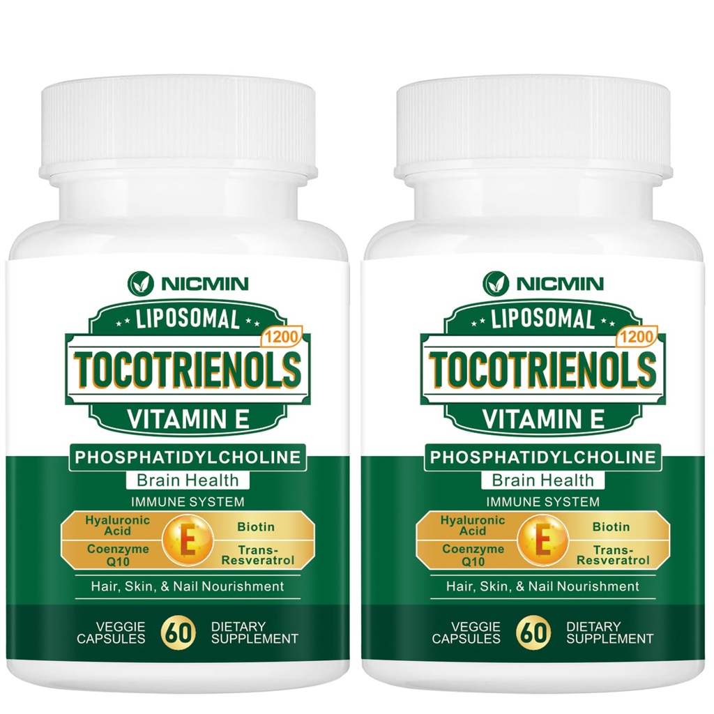 1200MG Vitamina E Tocotrienols Liposomal Tocotrienols Suplemento con Phosphatidylcholine, 95% Delta-tocotrienols y 5% Gamma-tocotrienols, Alta Absorción para el Corazón, Función cerebral 120 cápsulas