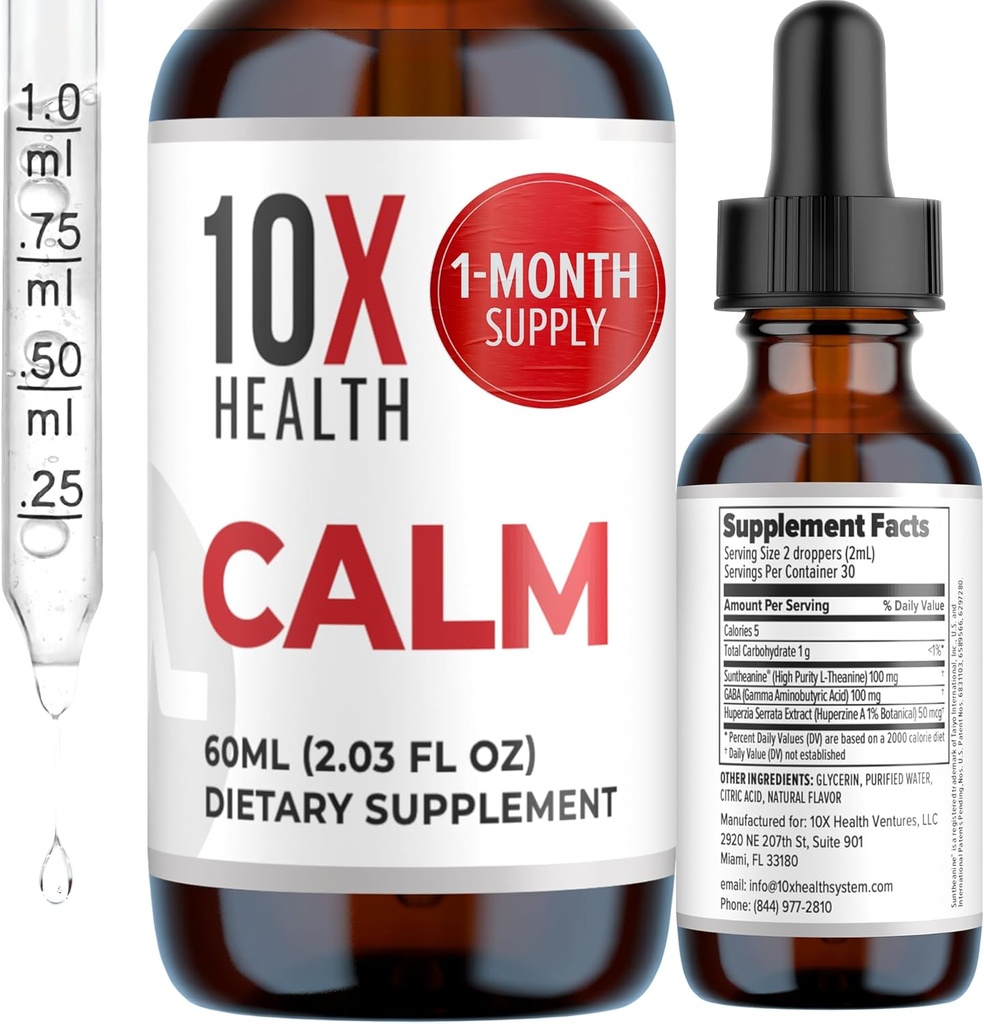 10X Health Calm L Theanine Supplement Liquid Drops - 100mg L'Theanine Drops & 100mg GABA Suplementos para apoyar Nerves, Calm &amp; Stress - Natural Flavor 2.03 Fl oz.