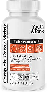 Youth & Tonic Balanced Detox Pills as Complete Gut Cleanse & Carb Matrix Support with ACV, Glucomannan, Chromium for Body Detoxing & Digestive Health, Supplement for Men & Women, Third-Party Tested