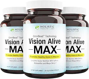 Holistic Health Labs Vision Alive Max con 8 Ingredientes Naturales Lutemax® 2020, Bilberries, Blueberries, c3g de Currant Negro, Maqui Berry, Saffron y Astaxanthin (30 Conde (Pack of 3))