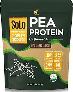Solo Orgánica Pea Protein Powder, Bajo en Sodio, Canadá Grown Peas, 100% Vegan, Non-GMO, Desflavored Plant Based Protein Powder con BCAA (2.7 libras)