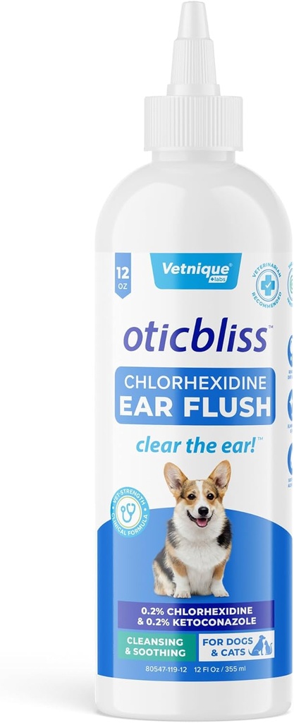 Vetnique Oticbliss Medicated Dog Ear Infection Treatment, Antiseptic Ear Cleaner for Cat &amp; Dog Ear Solution with Chlorhexidine & Ketoconazole (12oz Flush)