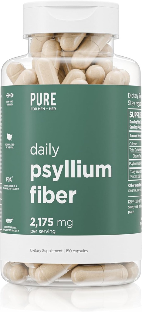 Daily Psyllium Husk Fiber Supplement by Pure for Men ' Pure for Her TEN Digestive Regularity & Gut Health Support ← Soluble Fiber Powder, 2,175mg Por Serving Ø 150 Capsules