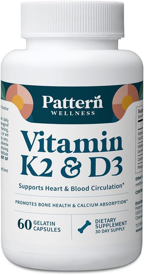 Pattern Wellness Vitamina K2 & D3 Suplemento con Calcio – Bone Health, Circulatory Wellness & Immune Support - Non-GMO - 60 cápsulas