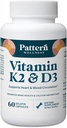 Pattern Wellness Vitamina K2 & D3 Suplemento con Calcio – Bone Health, Circulatory Wellness & Immune Support - Non-GMO - 60 cápsulas