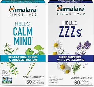 Himalaya Hello Calm Mind with Bacopa for Relaxation, Focus and Concentration & Hello ZZZs with Melatonin for Sleep Support, 60 Capsules Each - Bundle