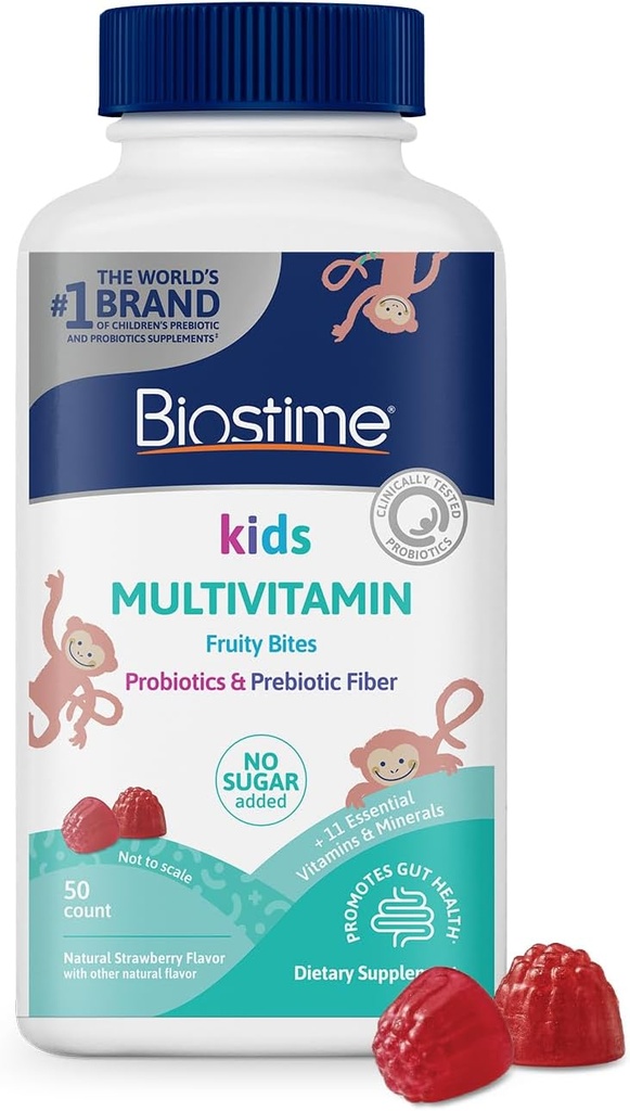 Biostime Kids Multivitamin Gummies with Probiotics & 11 Essential Vitamins (Ages 4+) Silencio Multivitamin for Kids ← No Añadido Sugar Fruity Bites ← Free from Top 9 Allergens ← 50 Count