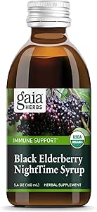 Gaia Herbs Black Elderberry, NightTime Syrup - Suplemento de Apoyo Inmunitario - Con Elderberries Negros Orgánicos, California Poppy &amp; Lemon Balm para el descanso &amp; Defensa Inmunitaria - 5.4 Fl Oz (32-Day Supply)