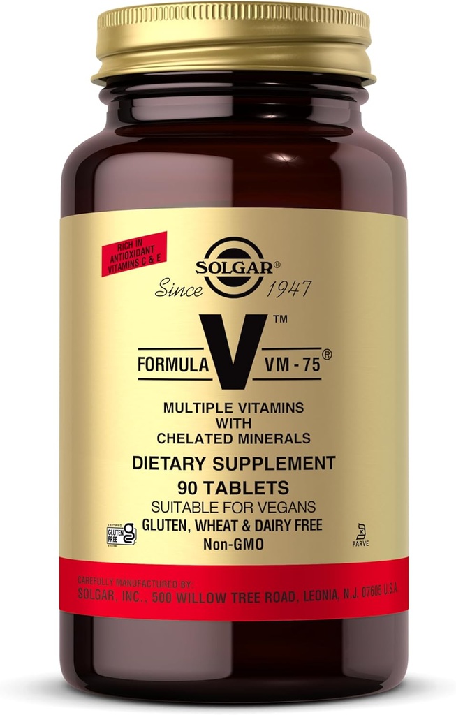 Solgar Fórmula VM-75, 90 Tabletas - Multivitamina con Minerales Chelated - Vitamina A, B6, B12, C, D, E - Biotina, Magnesio, Calcio, Hierro, Zinc - Vegan, Gluten Gratis, Dairy Free, Kosher - 90 Servings