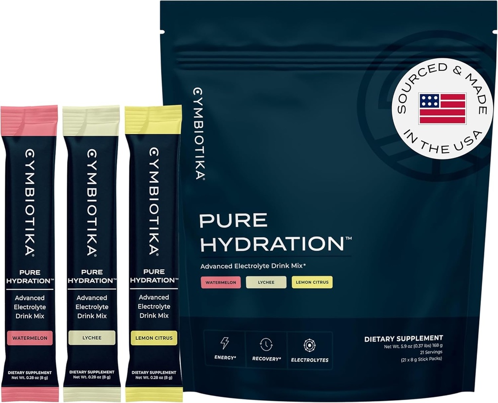 CYMBIOTIKA Pure Hydration Electrolytes Powder Drink Mix with Vitamin C &amp; Magnesium, Keto Friendly Electrolyte Hydration Packets, Variety Pack, Lemon, Lychee & Watermelon, 7 Cada, 21 Stick Packets