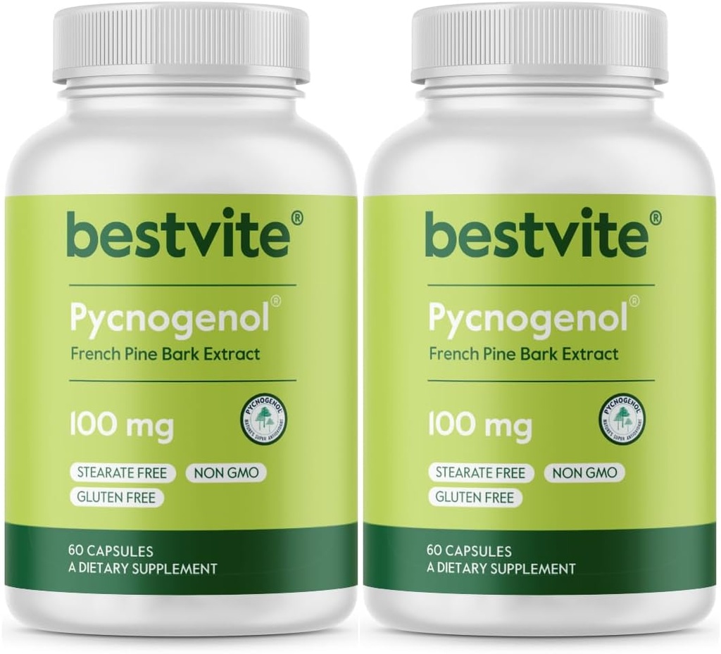 BESTVITE Pycnogenol 100mg (120 cápsulas) (60x2) - French Maritime Pine Bark Extract - No Stearates - Gluten Free - Non GMO
