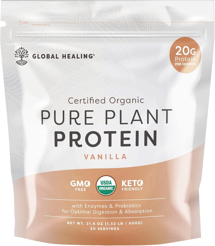 Vainilla vegana de curación global, pólvora de proteínas de origen vegetal para hombres de mujeres, orgánico, sustitución de la comida (20 servidos, 20g de proteína)