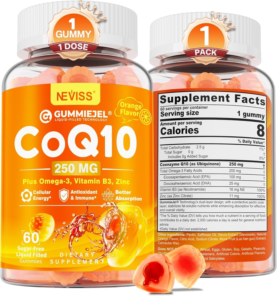 CoQ10-250mg gratis de azúcar / 500mg Mangas llenas - Plus Omega-3, EPA + DHA, B3 &amp; Zinc - Ultra Co Q-10 Suplementos para la salud del oído, energía celular, soporte antioxidante, hasta 60 Day Supply, Vegan 60Cts
