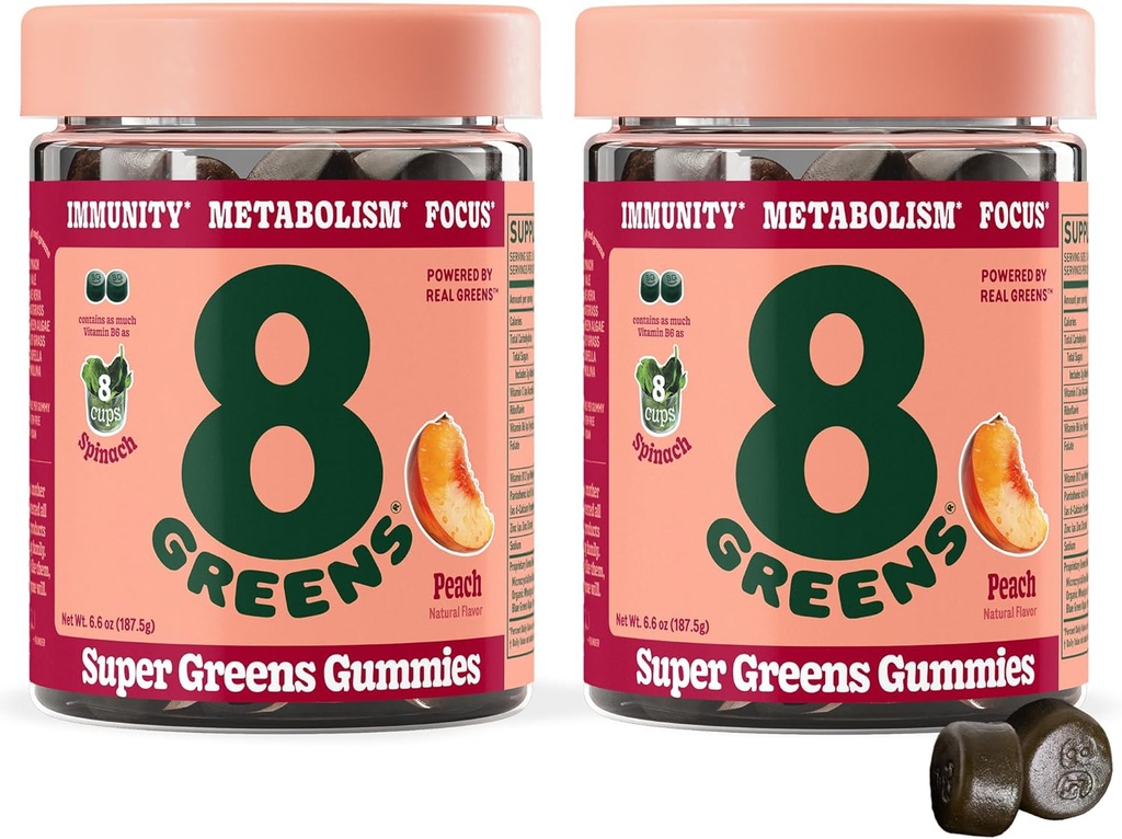 8Greens Gummies Super Greens Powder Superfood Gummy for Metabolism, Immunity & Focus, Digestive Health Enzymes, Organic: Chlorella, Spirulina, Aloe Vera, Peach Flavor, 100 Conde
