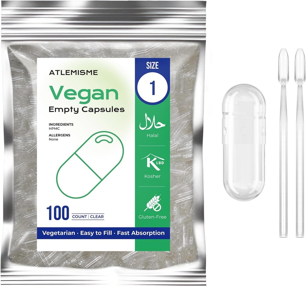 Empty Vegan Capsules Tamaño 1 - Vacío (100 Cuenta) DIY Vegetable Capsule Filling - Veggie Caps con 2 cucharas de laboratorio para relleno de cápsulas