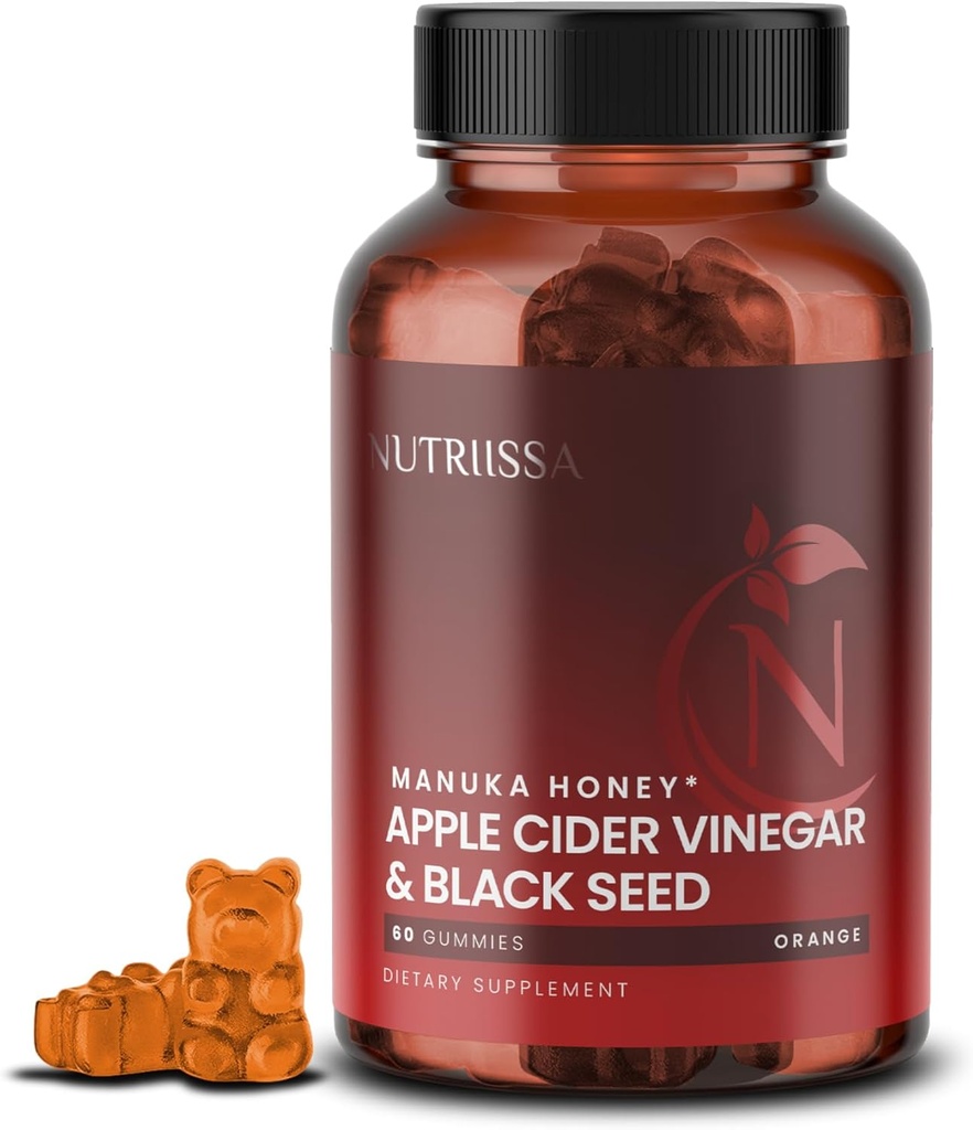 Nutriissa - Vinagre de la sidra de Apple + aceite de semilla negra + mayor Berry + Manuka guantes de miel – Semilla de la semilla de la semilla fría Nigella Sativa – EPEB certificada para la pureza & potencia – 60 gomas de sabor naranja