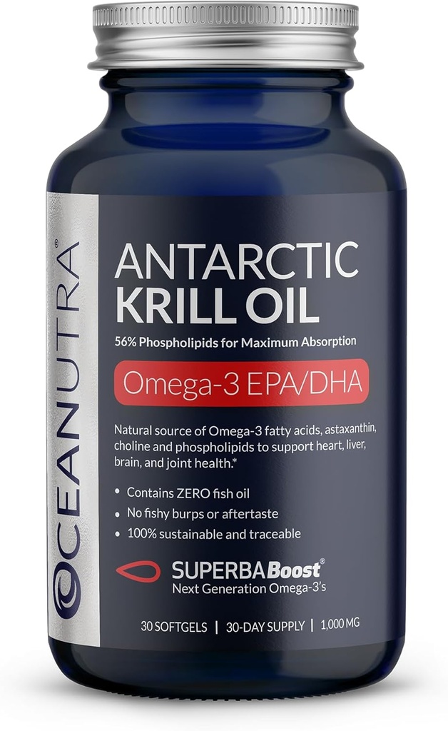 100% Aceite de Krill puro 1000mg, Omega 3, Concentración más alta 56% fosfolípidos, Choline " Astaxanthin, SuperbaBoost Antártico Sostenible, DHA, EPA, Corazón, Cerebro, Ojo " Cuidado de la piel, No Aceite de pescado