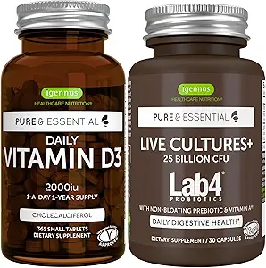 Daily Vitamin D3 + Live Cultures+ Lab4 Probiotics Bundle, 365 2000iu Vitamin D3 Tablets + 25 Billion CFU Lactobacillus Acidophilus & Bifidobacterium with Non-Bloating Prebiotic, by Igennus