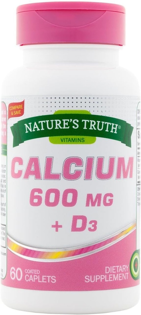 Verdad de la naturaleza Calcio 600 mg + D3-60 Coated Caplets, Pack de 2