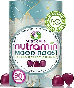 NUTRAMIN Mood Boost Multivitamin Gummy - Delicious &amp; Yummy Anti-Stress Magnesium Ashwagandha Gummies + B Complejo vitaminas para Focus and Calm - Libre de azúcar, Vegan, Libre de gluten, Alergía-Safe (90 Conde)