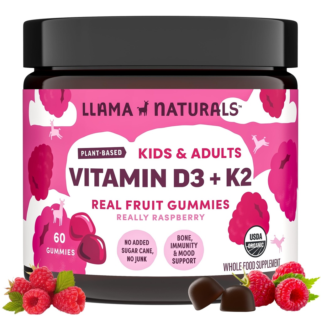 Llama Naturals Vitamina D3, Vegan, Suplemento de Apoyo a la Inmunidad Orgánica, Gummies de Vitamina D para Adultos y Niños, Vitaminas Gummy de Frutas Reales, Promueve la Salud de los Huesos, No Añadido Cana de Azúcar, Raspberry, 60 Ct