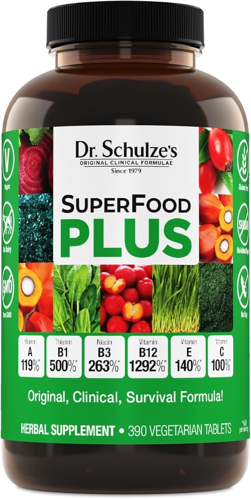 Dr. Schulze's SuperFood Plus ← Vitamina &amp; Mineral Herbal Concentrate tención diaria Nutrición " Aumento de la energía libre de gluten " No transgénero " Vegan ← 390 Tabs