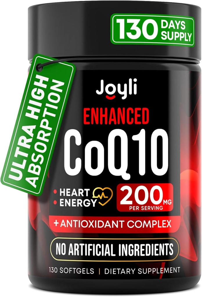 Alta Absorción CoQ10 200MG - Co Q10, 200mg Softgels para la salud cardíaca y la producción de energía - Enhanced Co Q 10 Suplemento con antioxidantes y aceite de linaza - CoQ10 200 mg por servicio