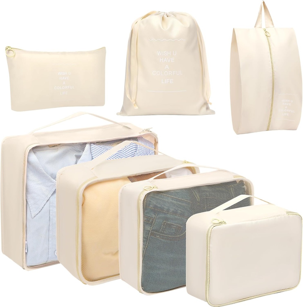 Toplive 7 Set Embalaje Cubos para viajes, equipaje Organizador Bolsas para accesorios de viaje, Compresión Embalaje Cubos, Beige