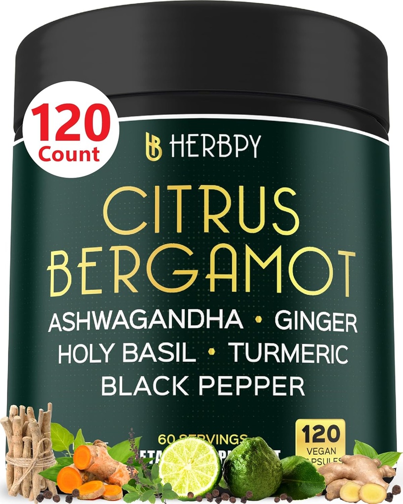 6in1 Citrus Bergamot Suplemento con Ashwagandha, Basil Santo, Turmeric " Ginger Root - Envejecimiento saludable, Inmune " Relaxation - 120 Vegan Capsules