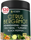 6in1 Citrus Bergamot Suplemento con Ashwagandha, Basil Santo, Turmeric " Ginger Root - Envejecimiento saludable, Inmune " Relaxation - 120 Vegan Capsules