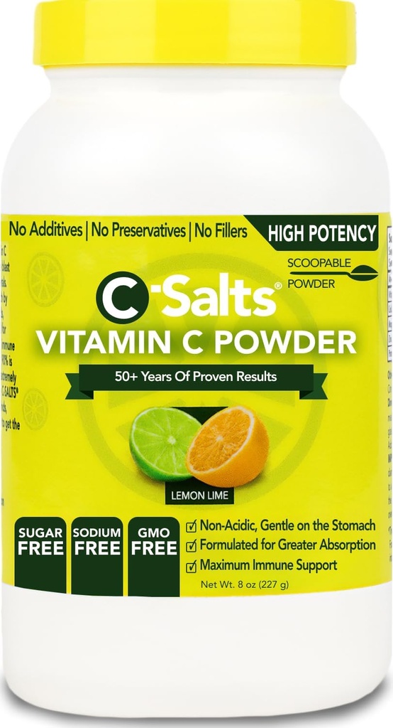 C-Salts Vitamina C Suplemento de Polvo - 100% Pura de alta dosis Buffered Vitamin C Powder para Immune Support - Organic, Sugar-Free, Vegan, No GMO, Stomach-Friendly, Lemon Lime 8oz