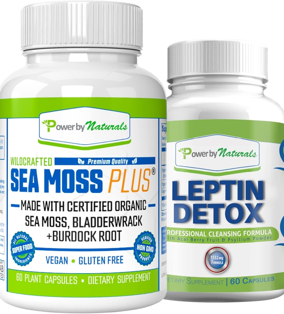 Power By Naturals: Organic Sea Moss and Leptin Detox Bundle - 60 cápsulas Vegan Cada - Planta-Basada, Gluten-Free Suplemento para la mejora de la inmunología y la limpieza natural