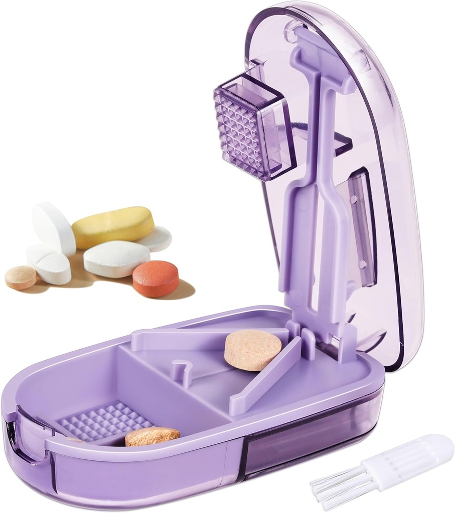 Pill Cutter Splitter para Píldoras Pequeñas y Pequeñas, o Píldoras Grandes. Diseño con forma de V para múltiples tamaños. Protector de cuchillas de seguridad. Pérdida-Proof Almacenamiento de cuchillas pequeñas incorporadas (Purple)