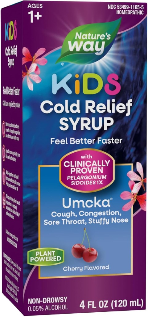 Camino de la Naturaleza Cold Relief Syrup for Kids 1+, Umcka, Shortens Duración " Reduce la Severidad, Multi-Symptom Cold Relief, Homeopático, Fenilephrine Free, Cherry Flavored, 4 Fl Oz (Packaging May Vary)