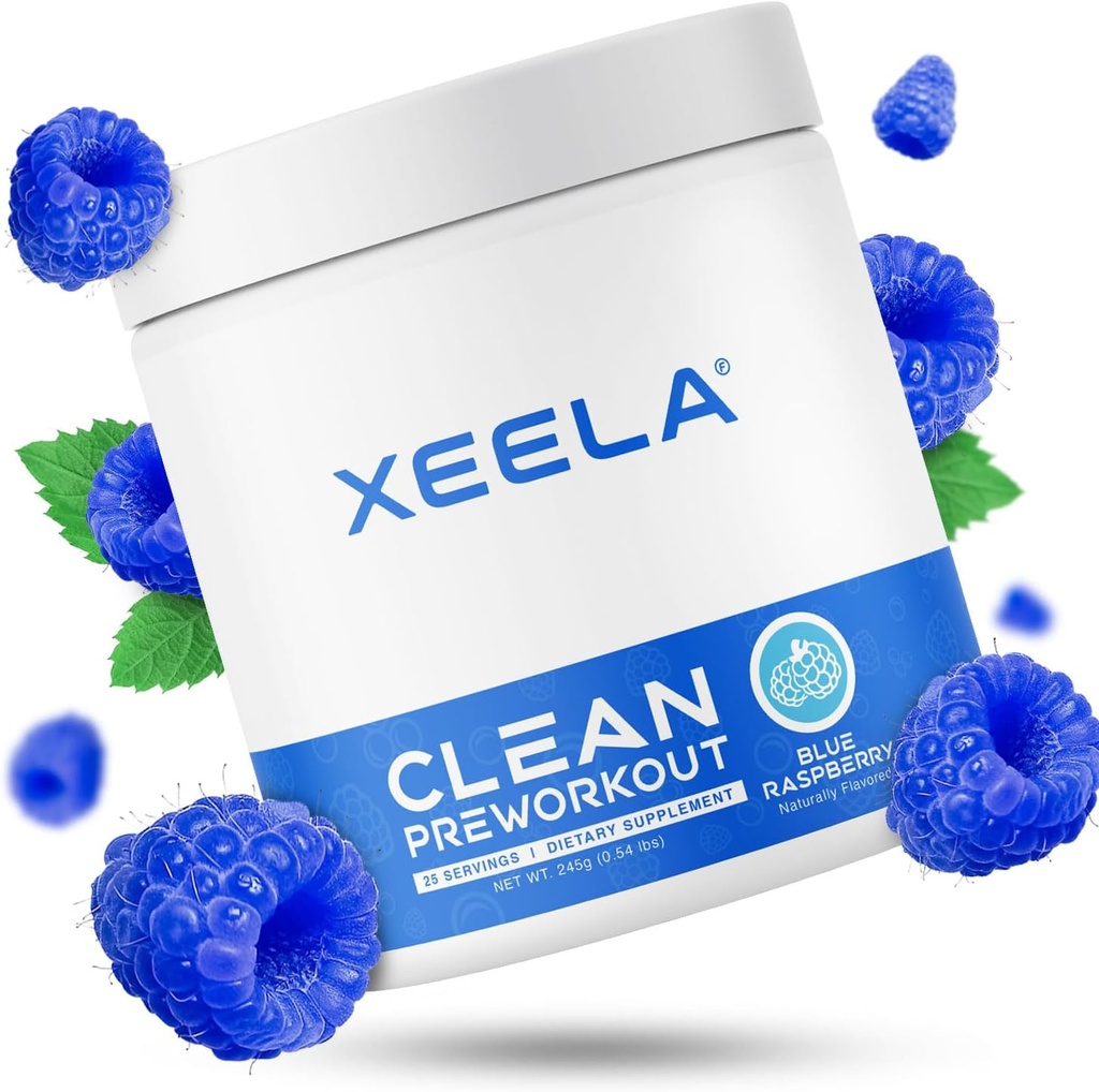 XEELA Pre Workout Powder - Clean &amp; Tested - Jitter Free, Safe, and Natural - Incrementar la energía termogénica, el foco y la resistencia w/Creatine, la cafeína orgánica y la citrulina basada en plantas (Blue Raspberry)