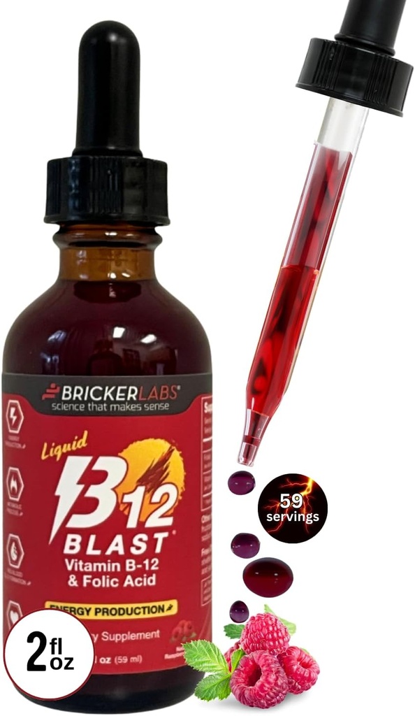 Bricker Labs B-12 Blast Liquid Vitamin B12 y Folic Acid Suplemento, Apoyo a la producción de energía, Gran Tasting Liquid Vitamina B12 Suplemento dietético en Natural Raspberry Flavor, 2 fl oz Bottle
