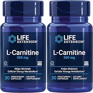 Extensión de vida L-Carnitina – 500 mg, Suplemento energético, Suplemento de memoria – Aminoácidos de forma libre, soporte de óxido nítrico – Gluten-Free, No GMO, Vegetariano – Two Pack - 2 x 30 cápsulas