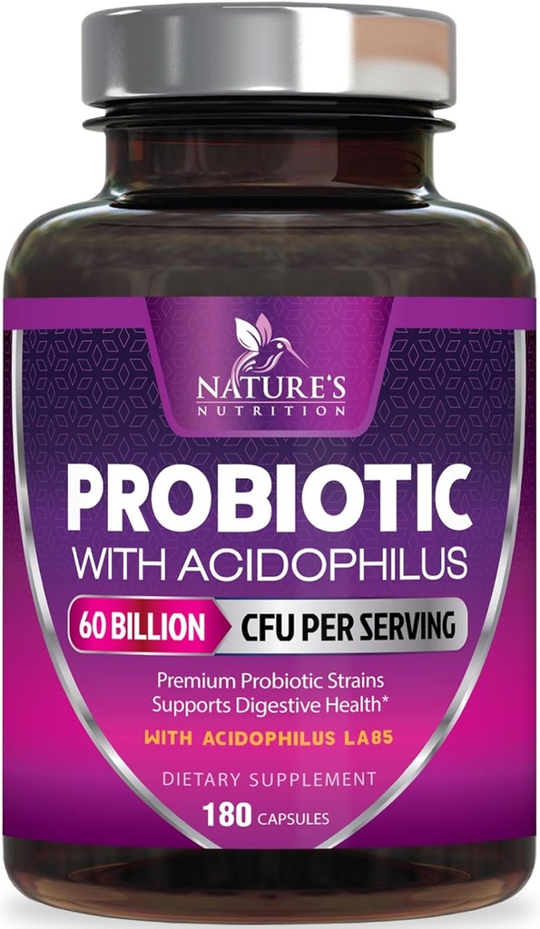 Probióticos 60 Billones CFU por servicio - 10 Strains + Prebióticos - Salud Digestiva, Gut &amp; Immune Soporte - Apoyos Constipación Ocasional, Gas &amp; Bloating para Hombres Estable - 180 cápsulas