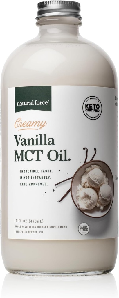 Natural Force Creamy Vanilla MCT Aceite – No lácteos, Certificado de Keto, Emulsionados MCT para bajo carbohidrato, Café Ketogénico, Smoothies, & Shakes - Mezclas instantáneamente + sin necesidad de mezcla – 16 botella de vidrio Oz