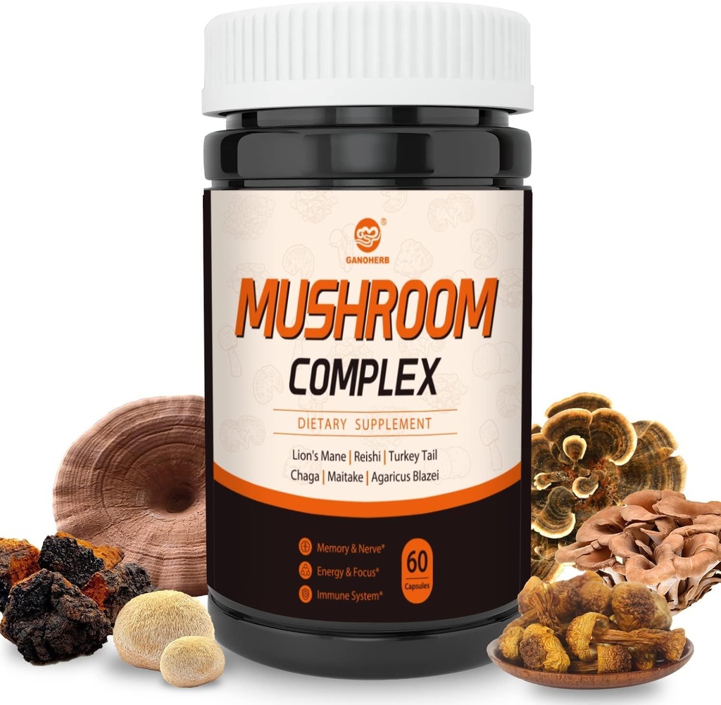 Mushroom Supplement Complex, Lions Mane, Reishi, Turkey Tail, Chaga, Maitake, Agaricus, 6 High Strength Organic Mushroom for Energy, Focus, Memory & Immune System Support