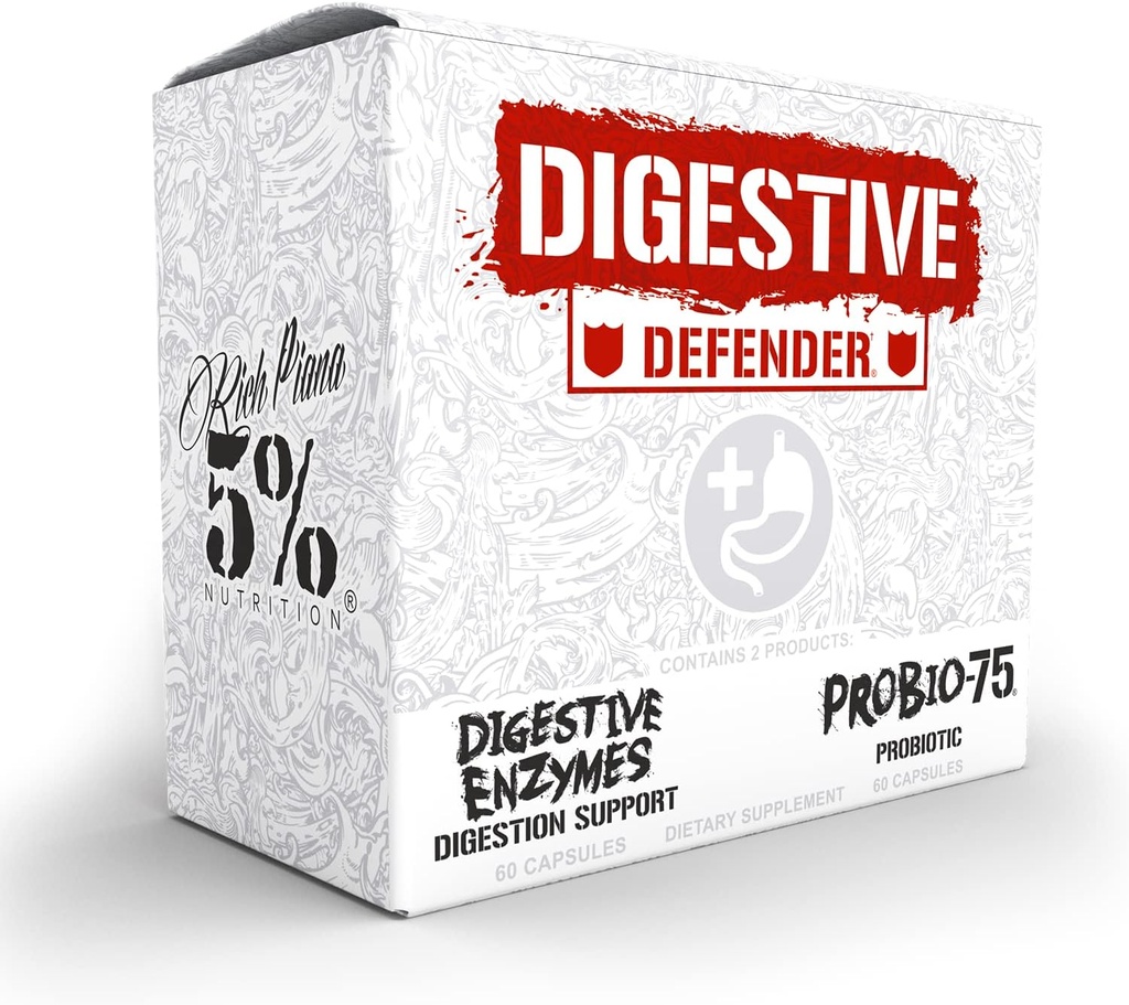 5% Nutrición Rich Piana Digestive Defender TEN Probio-75 & Digestive Enzymes Digestion Supplement TEN Premium Quality Enzymes with Probiotics and Prebiotic Fiber TEN 120 Gelatin Capsules (30 Svgs)