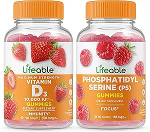 Vitamina vital D 10000 UI + Phosphatidylserine (PS), Gummies Bundle - Gran Tasting, Suplemento de vitamina, Gluten Gratis, GMO Gratis, Chewable Gummy